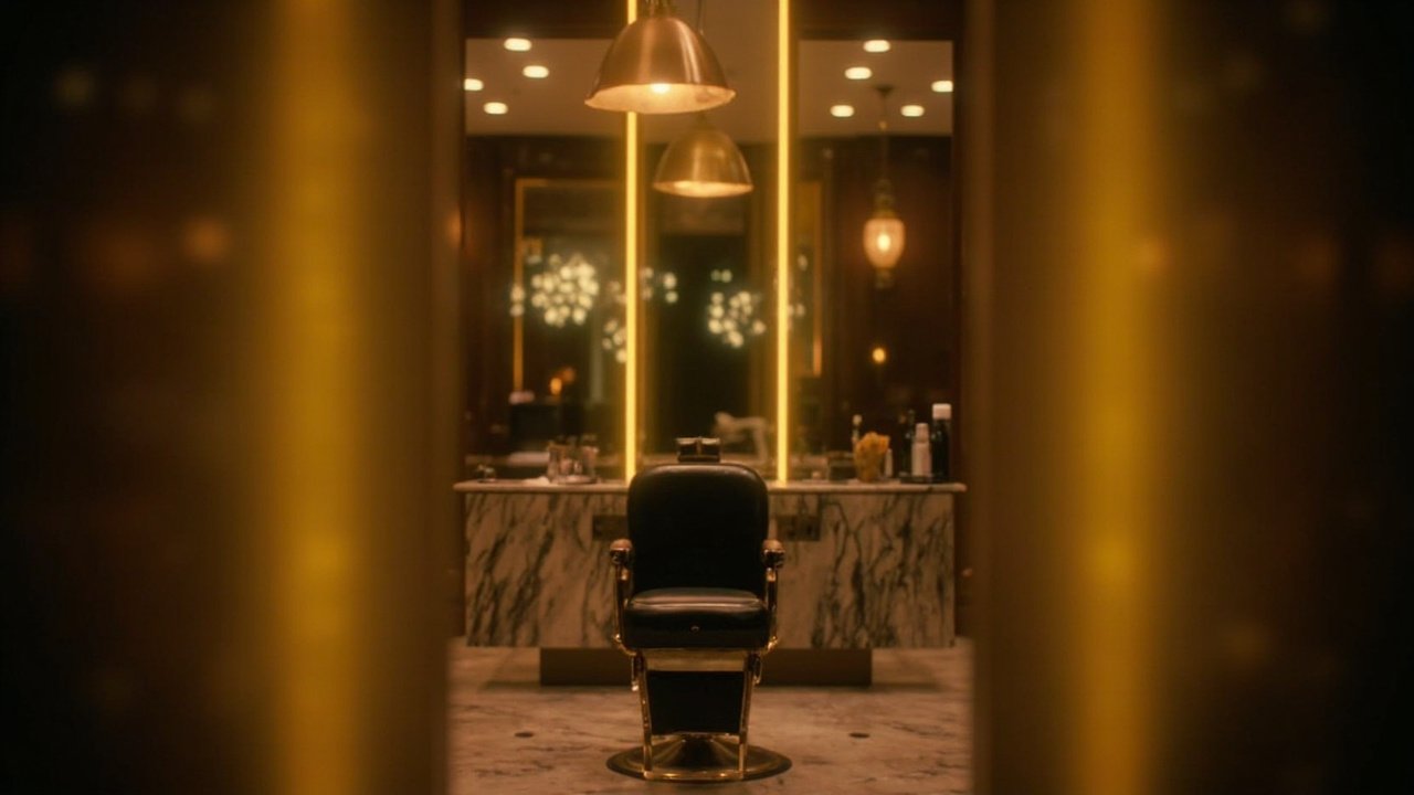 Atelier interior de Luxury Salon: luz cálida, herramientas sobre el mostrador