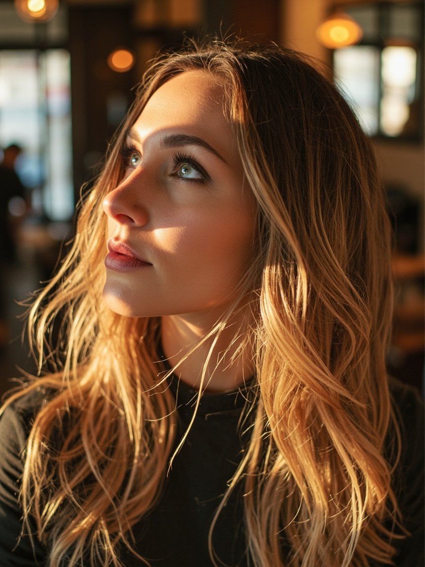 Color — balayage miel sobre cabello castaño, iluminación cálida.