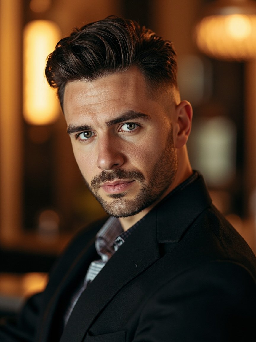 Corte hombre — corte fade moderno con textura.